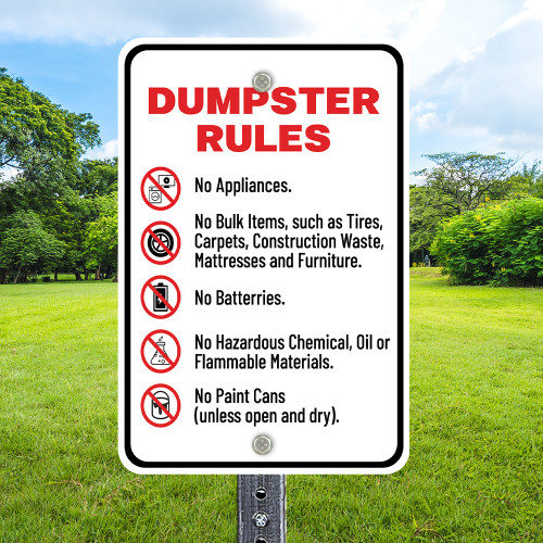 Dumpster Rules Icons- 12" x 18"  Aluminum Sign