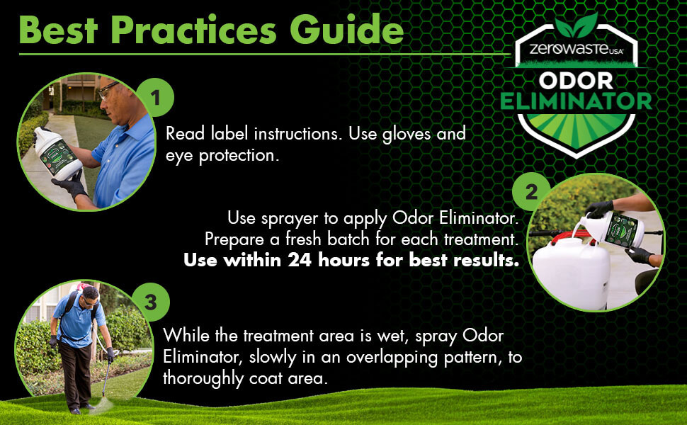 Best Practices Guide: 1. Read Label, 2. Mix Concentrate with water, 3. Treat area with water then spray Odor Eliminator to desired area.