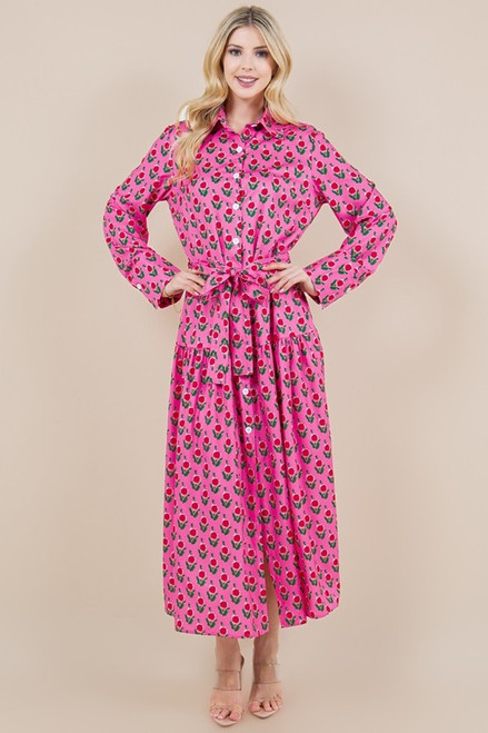 Pink Block Print LS Dress
