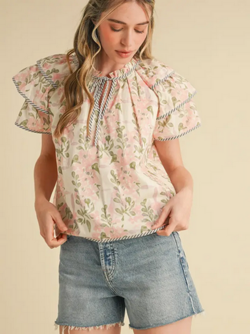 Pink Multi Flutter Sleeve Top