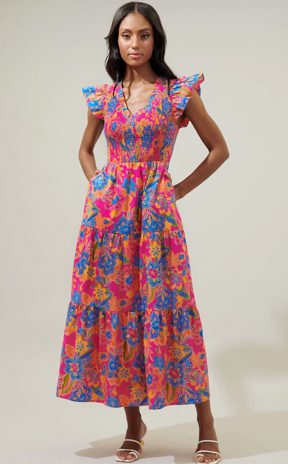Ranchero Floral Sunfire Smocked Bodice Tiered Midi