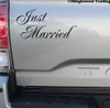 Just Married vinyl decal with elegant flowing script lettering and decorative flourishes for wedding getaway cars