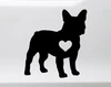 French Bulldog Frenchie Love Heart vinyl decal featuring a standing dog silhouette with upright bat ears, short muzzle and heart-shaped chest cutout, available in seven sizes including a 4-pack and mirror options