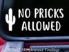 Vinyl decal with text 'No Pricks Allowed' on a car window - perfect funny door sign and cute cactus sticker