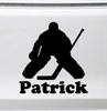 Personalized ice hockey goalie silhouette vinyl decal with custom player name, available in nine sizes from 4 x 4 inches to 22.5 x 22.5 inches with 2-pack and mirror options