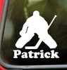 Personalized ice hockey goalie silhouette vinyl decal with custom player name, available in nine sizes from 4 x 4 inches to 22.5 x 22.5 inches with 2-pack and mirror options