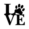 Vinyl decal with the word 'Love' and a pawprint replacing the 'O' on a plain white background - perfect dog lover bumper sticker and cat lover decal