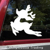 Leaping Christmas reindeer silhouette vinyl decal with antlers displayed on truck window for holiday decorating