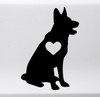 German Shepherd Alsatian Sitting Love Heart vinyl decal featuring a seated GSD dog silhouette with upright ears, open mouth and heart-shaped chest cutout, available in eight sizes including 4-pack, 2-pack and mirror options