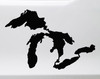 White Great Lakes map silhouette vinyl decal showing Lake Superior, Michigan, Huron, Erie and Ontario in geographic arrangement on a dark vehicle window