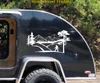 Bigfoot Sasquatch mountain forest landscape vinyl decal with pine trees and walking cryptid silhouette for RV campers travel trailers and motorhomes
