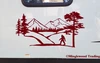 Bigfoot Sasquatch mountain forest landscape vinyl decal with pine trees and walking cryptid silhouette for RV campers travel trailers and motorhomes