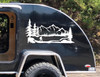 Bigfoot Sasquatch walking through mountain forest landscape with pine trees scenic vinyl decal for RV camper travel trailer and motorhome