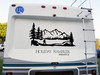Bigfoot Sasquatch walking through mountain forest landscape with pine trees scenic vinyl decal for RV camper travel trailer and motorhome