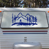 Bigfoot Sasquatch walking through mountain wilderness landscape with tall evergreen pine trees and rugged mountain peaks vinyl decal for RV camper and travel trailer