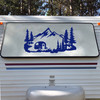 Mountain Travel Trailer Scene V1 Vinyl Decal - Camping - Forest - Die Cut Sticker
