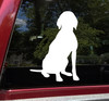 Sitting Weimaraner Gray Ghost dog silhouette vinyl decal featuring a seated dog with floppy ears and extended tail, available in eight sizes including 4-pack, 2-pack and mirror options for cars, trucks, SUVs and RVs