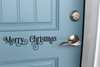 Merry Christmas vinyl window decal featuring elegant serif lettering with decorative swirls and ornamental flourishes for holiday glass displays