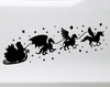 White Christmas vinyl window decal featuring Santa Claus in a gift-filled sleigh pulled by a winged dragon, griffin and winged unicorn surrounded by stars and sparkling shapes