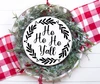 Ho Ho Ho Y'all Christmas vinyl window decal featuring Southern holiday script lettering surrounded by a circular leafy wreath with decorative berry accents