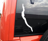 White Cayuga Lake New York shoreline silhouette vinyl decal applied vertically to a dark vehicle rear window, showing the long narrow geographic outline of the Finger Lakes reservoir