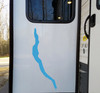 White Cayuga Lake New York shoreline silhouette vinyl decal applied vertically to a dark vehicle rear window, showing the long narrow geographic outline of the Finger Lakes reservoir