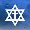 Messianic Cross Star of David vinyl decal featuring a Christian cross centered inside a six-pointed Jewish star, religious faith symbol for vehicle windows and decorative surfaces