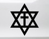Messianic Cross Star of David vinyl decal featuring a Christian cross centered inside a six-pointed Jewish star, religious faith symbol for vehicle windows and decorative surfaces