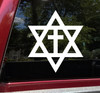 Messianic Cross Star of David vinyl decal featuring a Christian cross centered inside a six-pointed Jewish star, religious faith symbol for vehicle windows and decorative surfaces