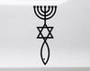 Messianic Judaism symbol vinyl decal featuring seven branch menorah above Star of David and Christian Ichthys fish in vertical religious design