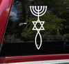 Messianic Judaism symbol vinyl decal featuring seven branch menorah above Star of David and Christian Ichthys fish in vertical religious design
