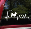 Long Hair Chihuahua Love Heartbeat vinyl decal featuring a Long Coat Chihuahua dog silhouette with EKG pulse line and heart symbol, available in nine sizes with mirror option