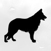 German Shepherd Alsatian vinyl decal featuring a standing long-haired GSD dog silhouette with upright ears, bushy tail and detailed coat, available in eight sizes with 2-pack, 4-pack and mirror options