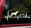 German Shorthaired Pointer GSP Love Heartbeat vinyl decal featuring a sporting hunting dog silhouette with EKG pulse line and heart symbol, available in nine sizes with mirror option