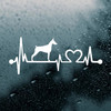 Doberman Pinscher Love Heartbeat vinyl decal featuring a Dobie dog silhouette with EKG pulse line and heart symbol, available in nine sizes with mirror option