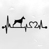 Doberman Pinscher Love Heartbeat vinyl decal featuring a Dobie dog silhouette with EKG pulse line and heart symbol, available in nine sizes with mirror option