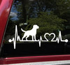 Labrador Retriever Love Heartbeat vinyl decal featuring a Lab dog silhouette with EKG pulse line and heart symbol, available in nine sizes with mirror option