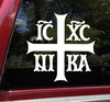 ICXC NIKA Greek Eastern Orthodox Holy Seal vinyl decal featuring a Byzantine-style flared Christian cross with IC XC NI KA Greek lettering meaning Jesus Christ Conquers, available in ten sizes with multipack and reverse-cut options