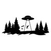 UFO abduction vinyl decal with telescope and trees in silhouette landscape