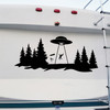 UFO abduction vinyl decal with telescope and trees in silhouette landscape

