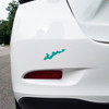 White Fishers Island New York geographic shoreline outline vinyl decal applied to the dark rear window of a red SUV, showing the island's elongated coastal silhouette