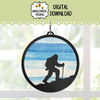 Bigfoot Hiking Suncatcher SVG showing a walking Bigfoot silhouette with open interior spaces designed for laser cut window suncatcher projects