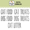 Pet Food Label SVG Set featuring Cat Food, Dog Food, Treats, and Litter text in a skinny farmhouse font