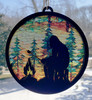 Bigfoot campfire round MDF suncatcher with pine tree forest and jute hanger cord
