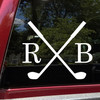 Crossed golf clubs personalized initials vinyl sticker decal with classic monogram design