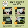 Step-by-step guide showing how to apply a vinyl decal from Minglewood Trading. Includes four numbered photos with instructions: rubbing decal with credit card, peeling transfer tape, placing decal on surface, and removing transfer tape.
