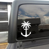 Anchor palm tree vinyl sticker decal with nautical tropical beach design applied to boat or car window in silhouette style