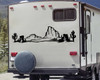 Desert cactus mesa scene vinyl sticker decal applied to RV travel trailer window with southwest landscape design