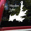 Hayden Lake outline vinyl sticker decal showing Idaho lake map shape applied to car window in minimalist design