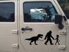 bigfoot alien t rex vinyl sticker decal featuring a humorous cryptid dinosaur and extraterrestrial adventure scene for RVs campers and travel trailers